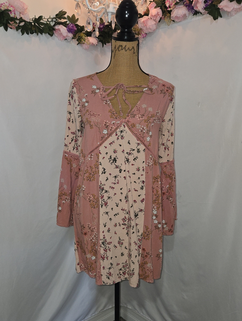 love, Fire Pink & Cream Floral Lace-Up Mini Dress